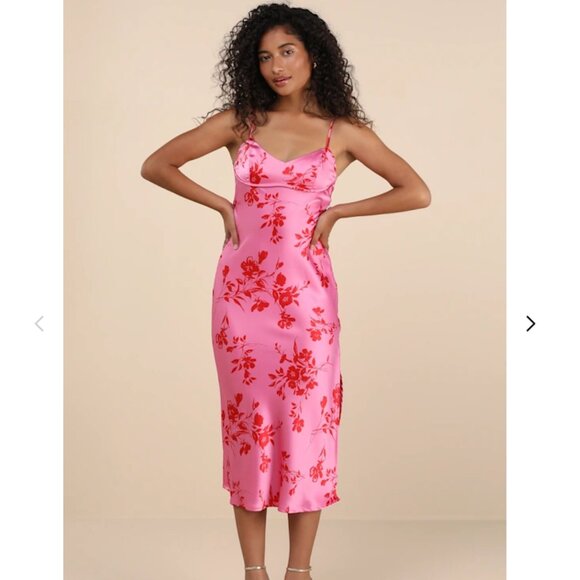 Lulus Dresses & Skirts - Lulus Hot Pink Floral Print Tie-Back Midi Dress, size M